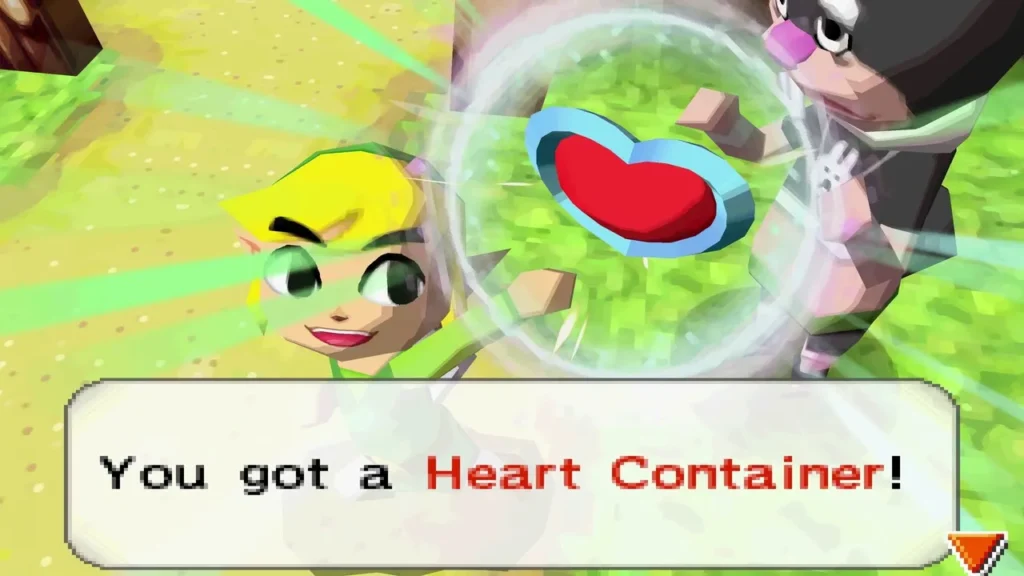 The Heart Container appears beside Link at Rabbitland Rescue, with the box reading You got a Heart Container! The Heart Container appears beside Link at Rabbitland Rescue, with the box reading You got a Heart Container!