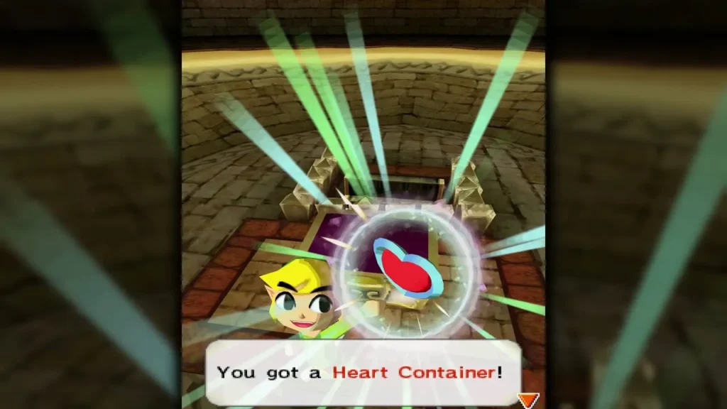 Link beside the open Sand Temple chest as the Heart Container appears, with the box reading You got a Heart Container! Link beside the open Sand Temple chest as the Heart Container appears, with the box reading You got a Heart Container!