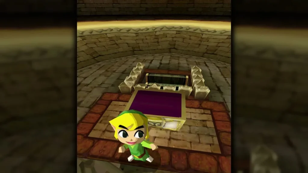 Link beside the open chest in the Sand Temple treasure room behind the boss arena Link beside the open chest in the Sand Temple treasure room behind the boss arena