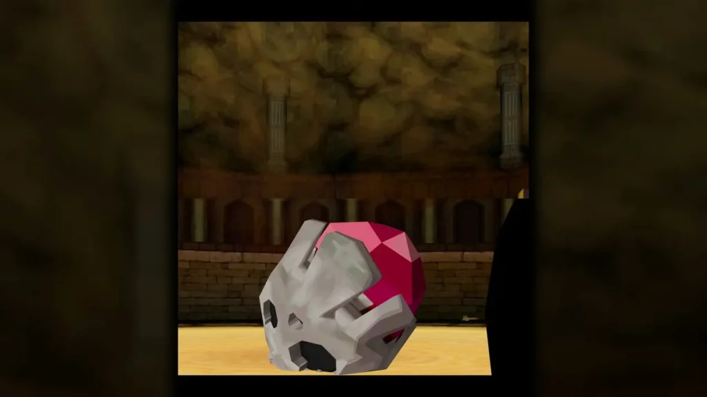 Skeldritch, the Sand Temple boss, lies defeated in the arena with its pink core exposed Skeldritch, the Sand Temple boss, lies defeated in the arena with its pink core exposed