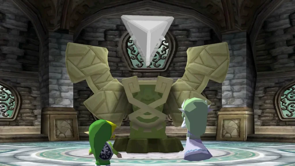 Link and Zelda standing before the Snow Temple statue with the white Force Gem glowing above it Link and Zelda standing before the Snow Temple statue with the white Force Gem glowing above it