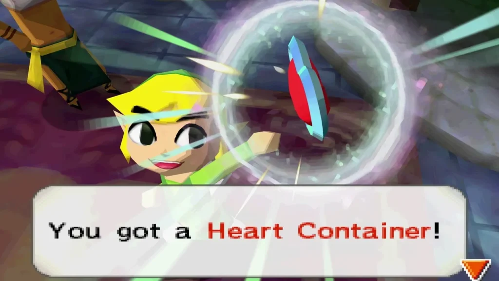Link holding up a Heart Container after clearing Take 'Em All On! Level 1 Link holding up a Heart Container after clearing Take 'Em All On! Level 1