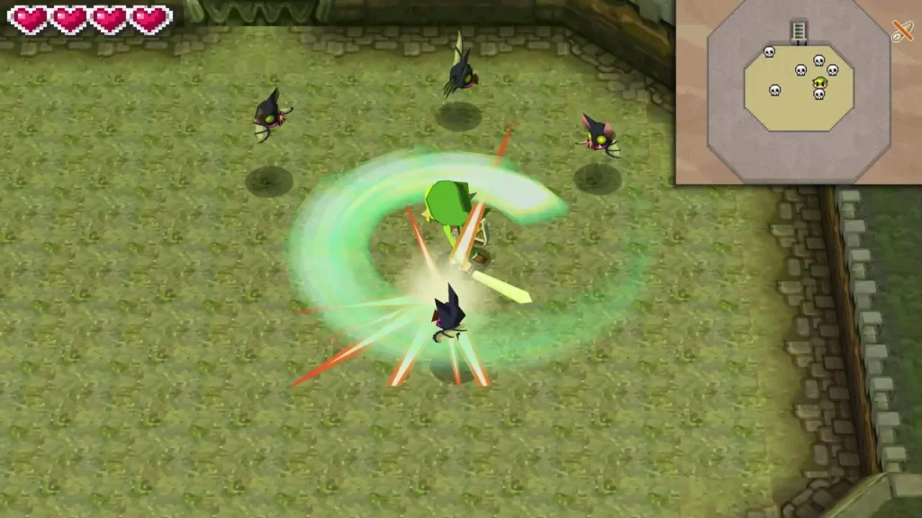 Link spins his sword among dark enemies in the Take 'Em All On! Level 1 arena Link spins his sword among dark enemies in the Take 'Em All On! Level 1 arena