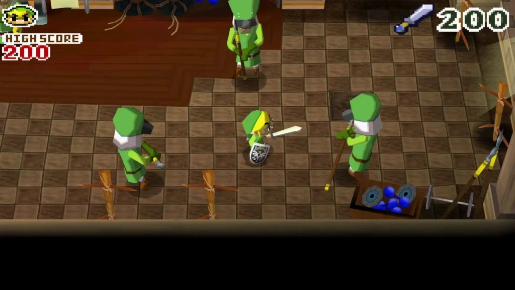 Link fighting three trainees in the Training Hall with the hit counter reading 200 Link fighting three trainees in the Training Hall with the hit counter reading 200