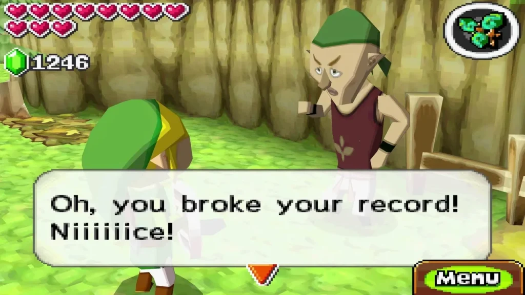 The host says Oh, you broke your record! Niiiiice! after Link finishes the Whip Race The host says Oh, you broke your record! Niiiiice! after Link finishes the Whip Race
