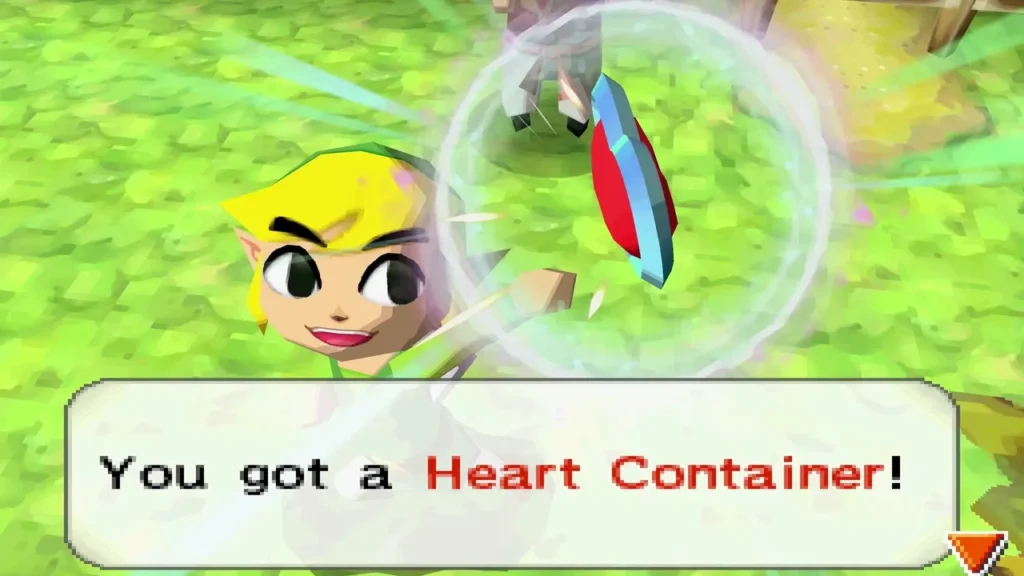 Link beside a Heart Container after the Whip Race in Whittleton, with the box reading You got a Heart Container! Link beside a Heart Container after the Whip Race in Whittleton, with the box reading You got a Heart Container!