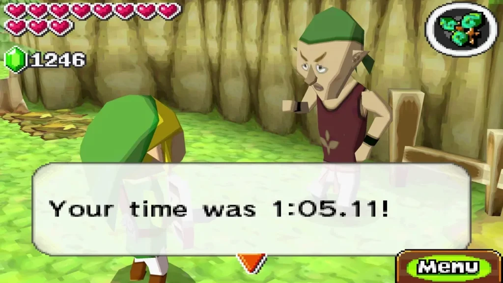 The course host tells Link Your time was 1:05.11! after the Whip Race in Whittleton The course host tells Link Your time was 1:05.11! after the Whip Race in Whittleton