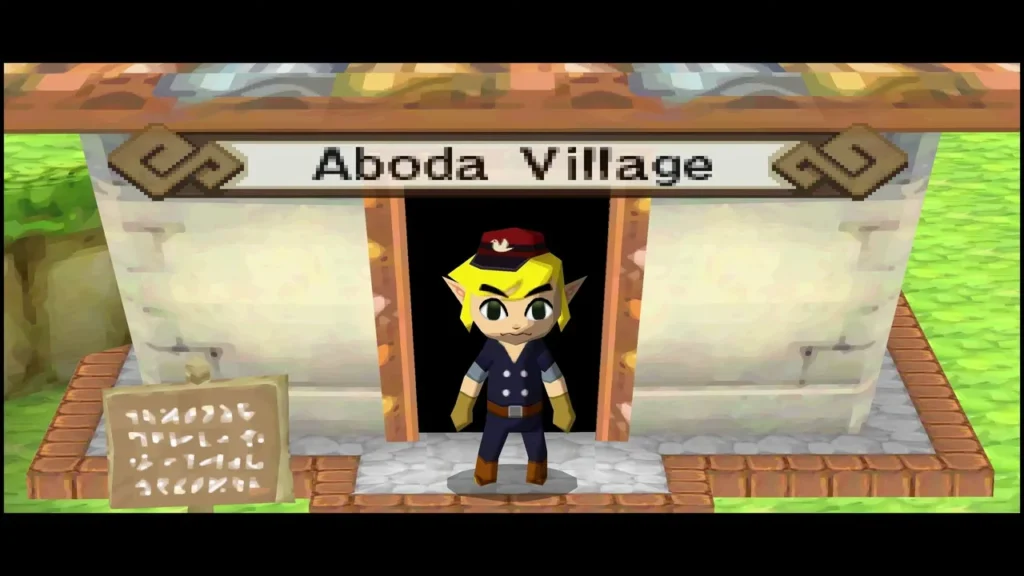 Aboda Village title card above Link standing in the gate of the village Aboda Village title card above Link standing in the gate of the village