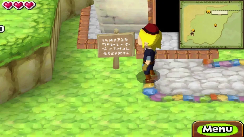 Link walking past the village sign and stone-paved square in Aboda Village Link walking past the village sign and stone-paved square in Aboda Village