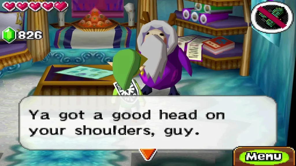 Anouki elder in a purple robe speaking with Link in his house Anouki elder in a purple robe speaking with Link in his house