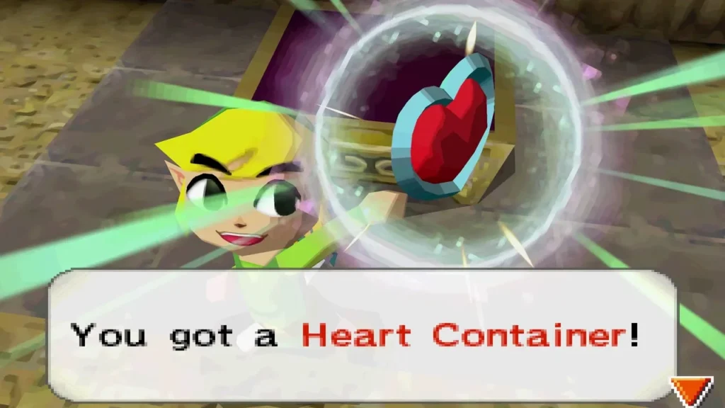 Link receiving a Heart Container from a chest in the Braintwister block puzzle room Link receiving a Heart Container from a chest in the Braintwister block puzzle room