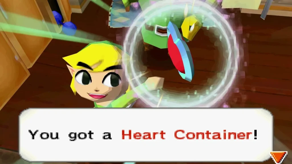 Link receiving a Heart Container, with its message on screen Link receiving a Heart Container, with its message on screen