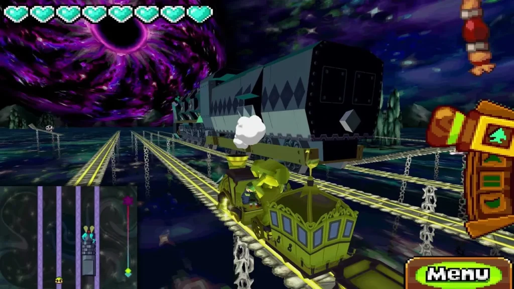 Armored train of dark cars running beside Link's Spirit Train under a purple sky Armored train of dark cars running beside Link's Spirit Train under a purple sky