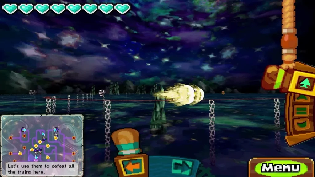 Link's train heading into a battle with enemy trains on dark rails in the Dark Realm Link's train heading into a battle with enemy trains on dark rails in the Dark Realm