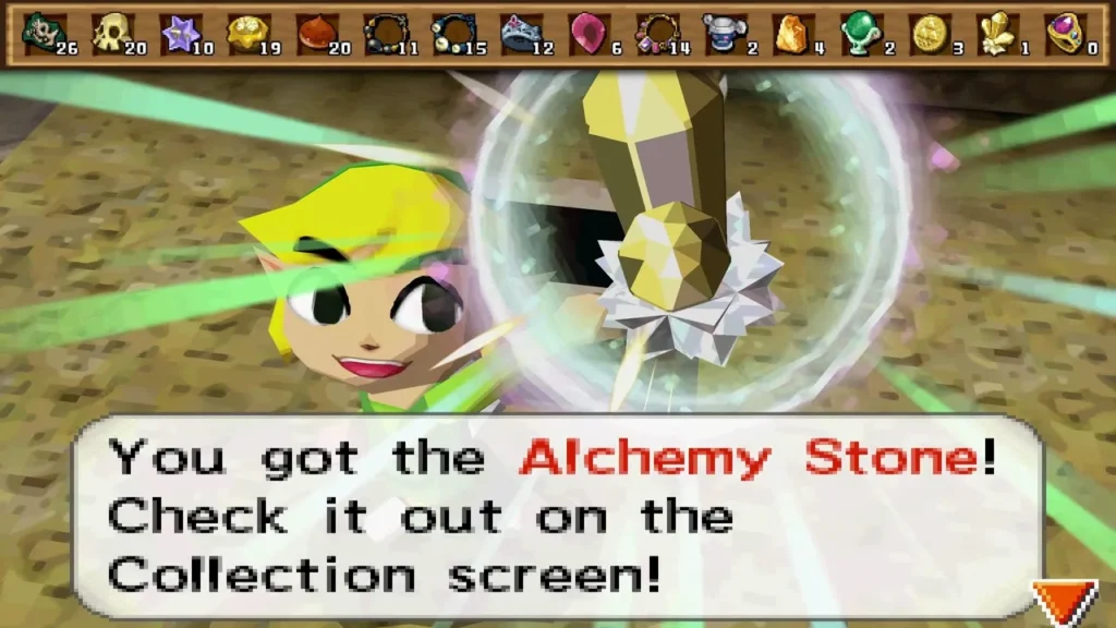 Link receiving the Alchemy Stone in a Fire Realm cave with its message on screen Link receiving the Alchemy Stone in a Fire Realm cave with its message on screen