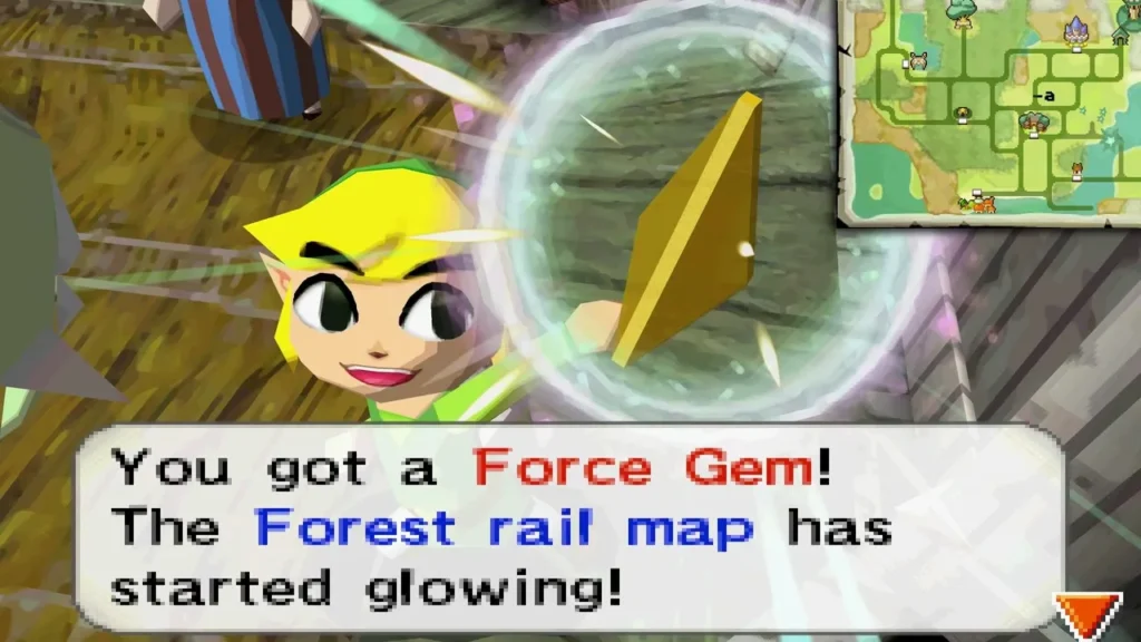 Link receiving a Force Gem as the Forest rail map starts glowing Link receiving a Force Gem as the Forest rail map starts glowing