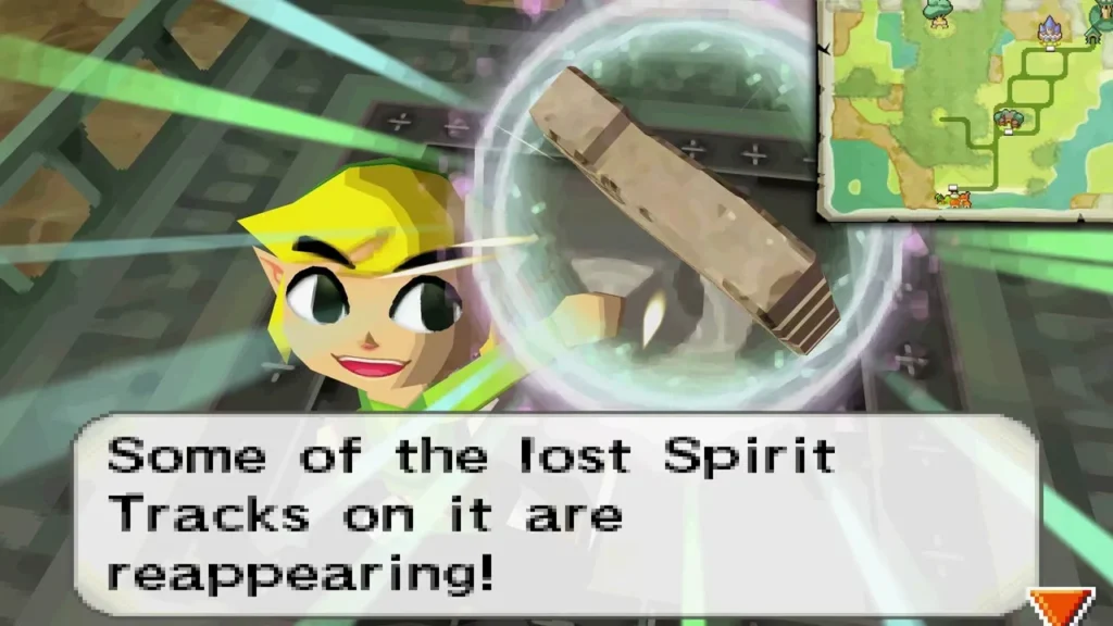 Link holding the Forest Rail Map as lost Spirit Tracks begin to reappear on it Link holding the Forest Rail Map as lost Spirit Tracks begin to reappear on it