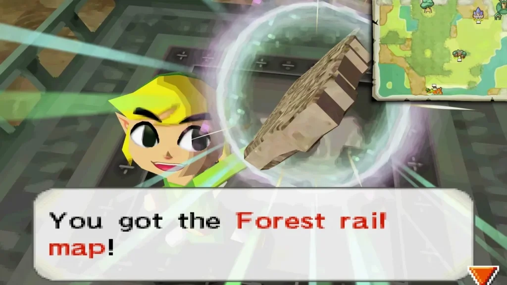Link holding up the Forest Rail Map with the item name box on screen in the Tower of Spirits Link holding up the Forest Rail Map with the item name box on screen in the Tower of Spirits