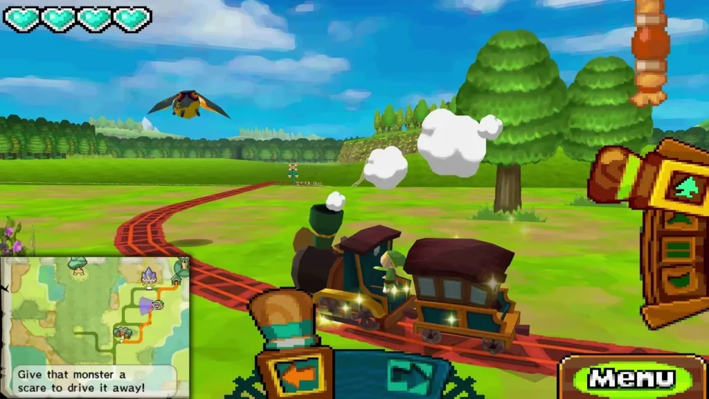 Spirit Train curving along a red track through green Forest Realm fields Spirit Train curving along a red track through green Forest Realm fields