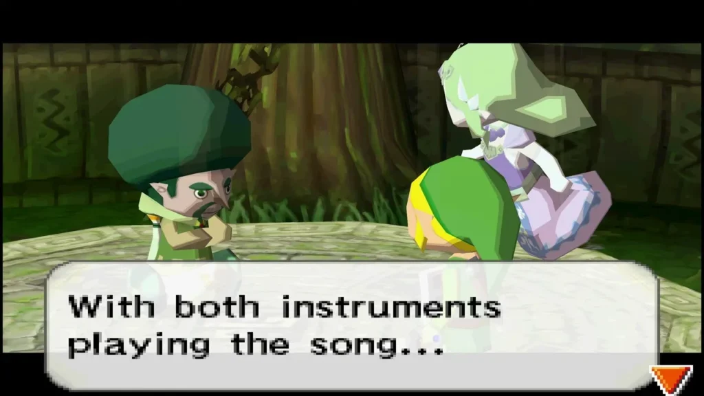 Gage explaining the Lokomo Song duet to Link in the Forest Sanctuary Gage explaining the Lokomo Song duet to Link in the Forest Sanctuary