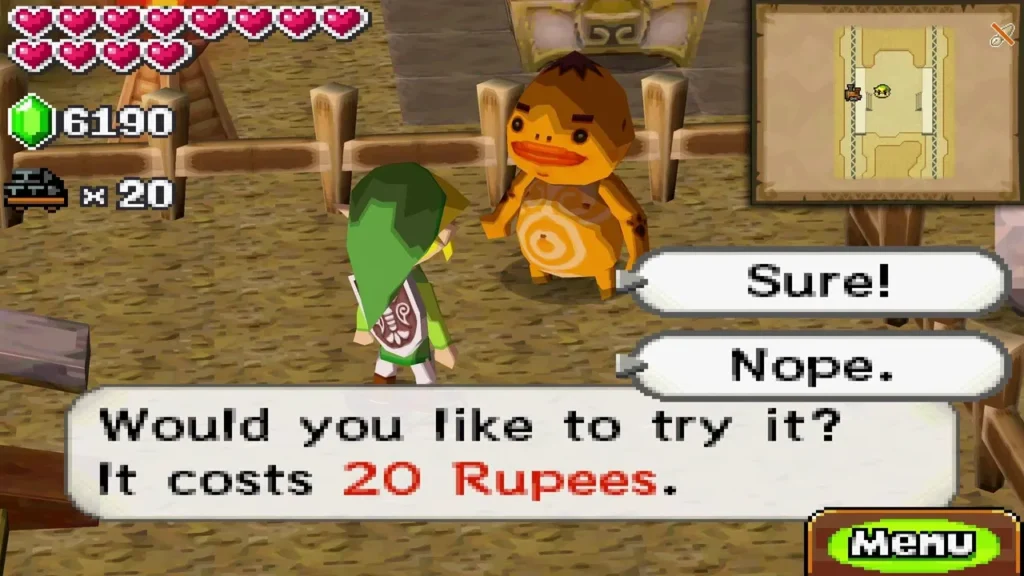 Goron attendant offering Link a try at the Target Range for 20 Rupees Goron attendant offering Link a try at the Target Range for 20 Rupees