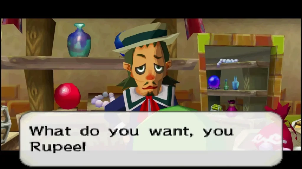 Linebeck III standing behind his shop counter, greeting Link in the Trading Post Linebeck III standing behind his shop counter, greeting Link in the Trading Post