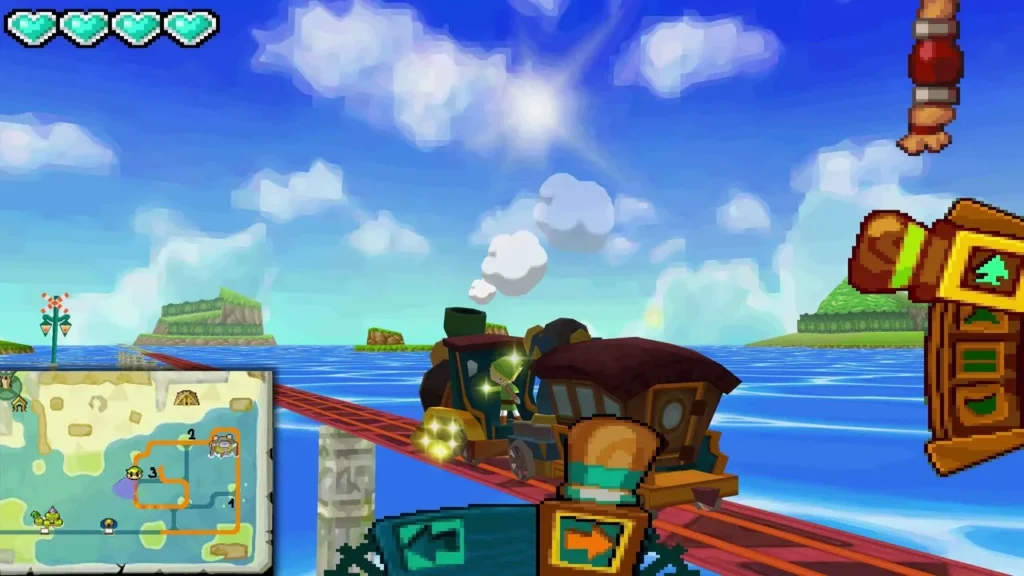 Spirit Train on red rails over the sea with an island in the distance Spirit Train on red rails over the sea with an island in the distance