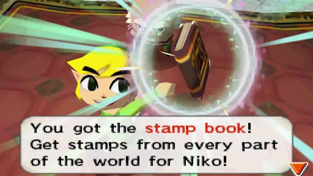 Link receiving the stamp book from Niko with the item name box on screen Link receiving the stamp book from Niko with the item name box on screen