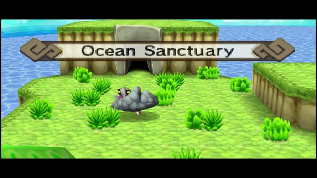 Ocean Sanctuary title card above a grassy island with a rock and stone cave entrance Ocean Sanctuary title card above a grassy island with a rock and stone cave entrance