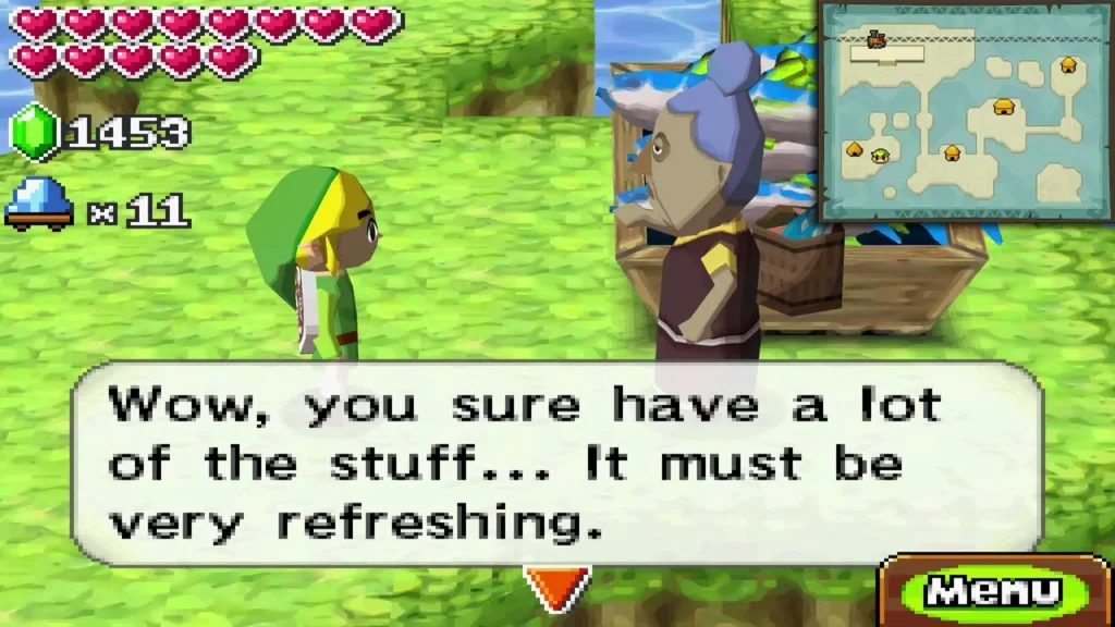 A Papuchia Village islander in a brown coat talking with Link on the grass A Papuchia Village islander in a brown coat talking with Link on the grass