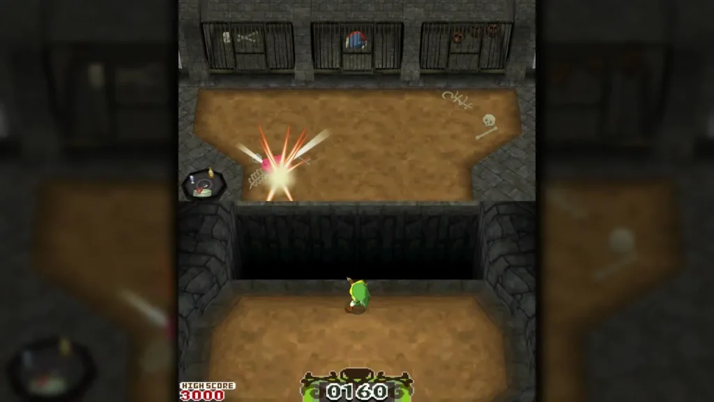 Link in the Pirate Hideout shooting arena, firing at enemies to build up the score Link in the Pirate Hideout shooting arena, firing at enemies to build up the score