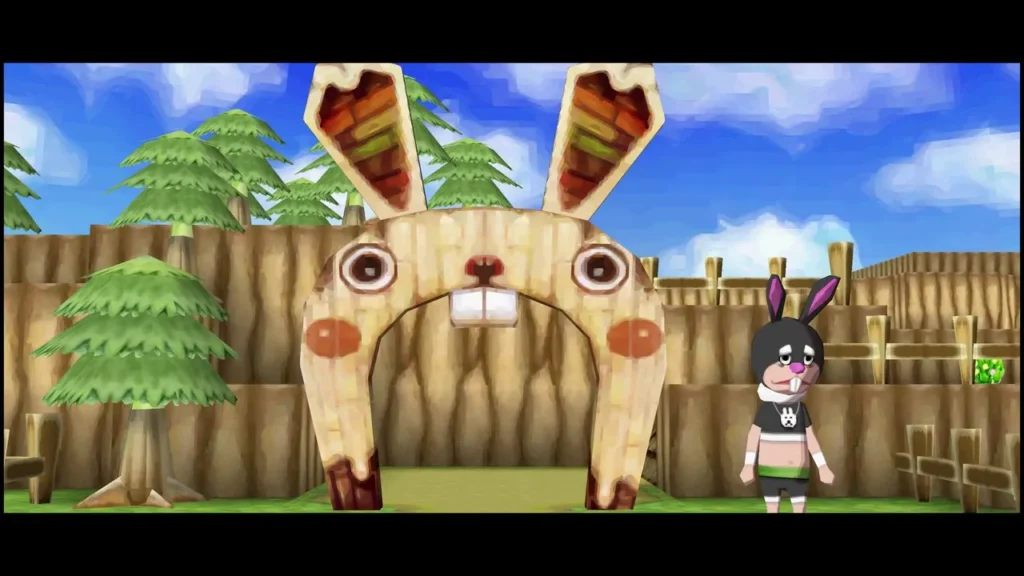 Giant wooden rabbit gate of Rabbitland Rescue with Link standing by the fence Giant wooden rabbit gate of Rabbitland Rescue with Link standing by the fence