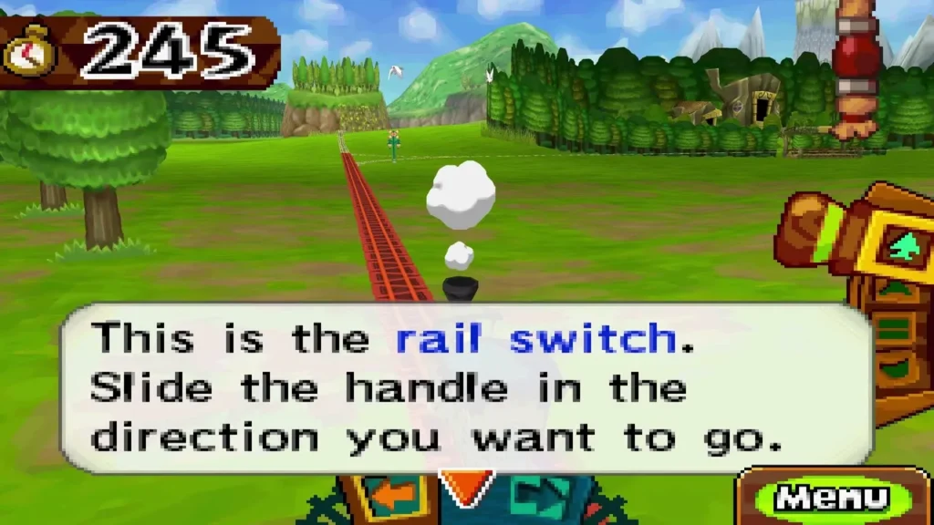 Spirit Train approaching a fork with the rail switch tutorial message on screen Spirit Train approaching a fork with the rail switch tutorial message on screen