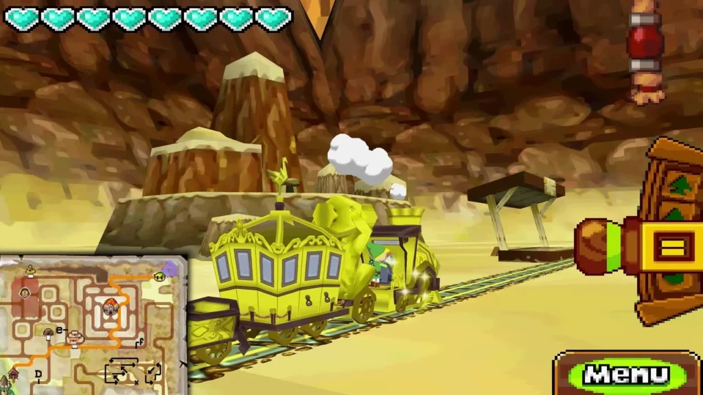 Golden Spirit Train passing sandstone cliffs on the way into the Sand Realm Golden Spirit Train passing sandstone cliffs on the way into the Sand Realm