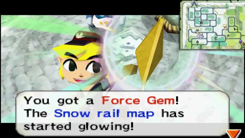 Link holding up a Force Gem as the Snow rail map starts glowing Link holding up a Force Gem as the Snow rail map starts glowing