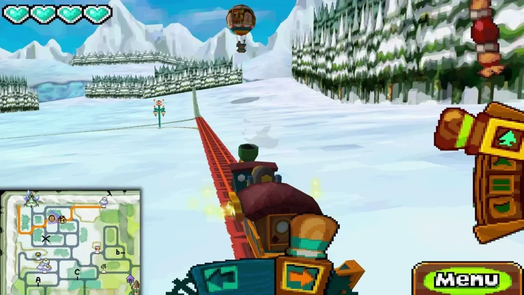 Spirit Train on a snowy track beside frosted mountains and a hot air balloon in the Snow Realm Spirit Train on a snowy track beside frosted mountains and a hot air balloon in the Snow Realm