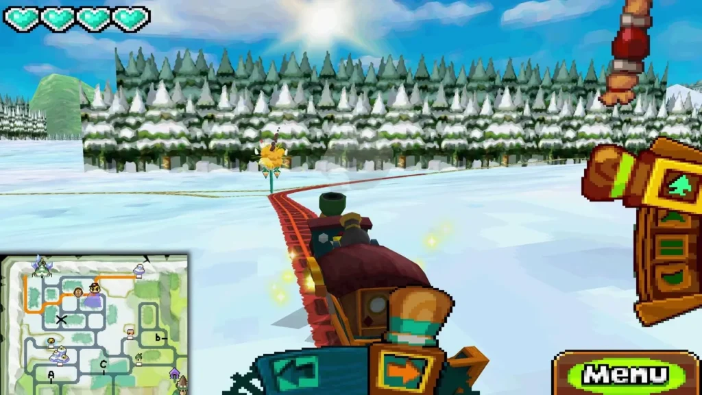Spirit Train crossing snowfields toward a line of snow-covered pines in the Snow Realm Spirit Train crossing snowfields toward a line of snow-covered pines in the Snow Realm