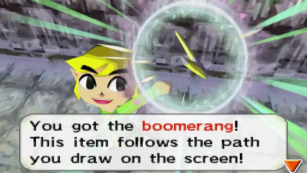 Link receiving the Boomerang in the Snow Temple with its item message on screen Link receiving the Boomerang in the Snow Temple with its item message on screen