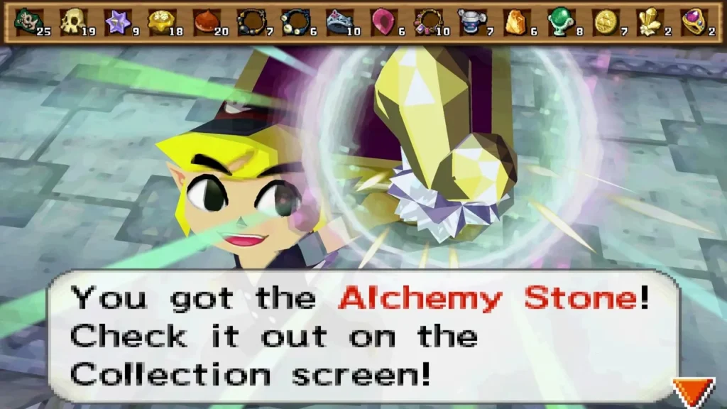 Link receiving the Alchemy Stone in an ice chamber with its message on screen Link receiving the Alchemy Stone in an ice chamber with its message on screen