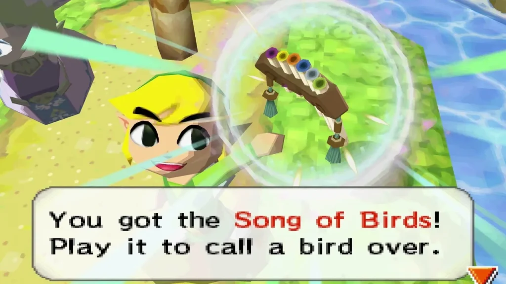 Link learning the Song of Birds at a sound stone in Papuchia Village with its message on screen Link learning the Song of Birds at a sound stone in Papuchia Village with its message on screen