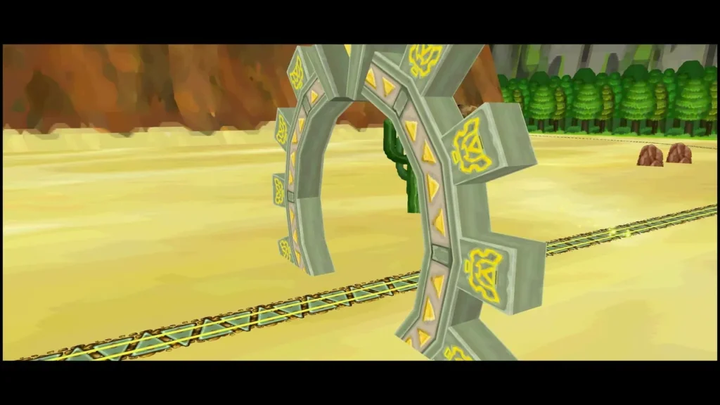 Spirit Train passing a stone spacetime gate on a sandy track in the Sand Realm Spirit Train passing a stone spacetime gate on a sandy track in the Sand Realm