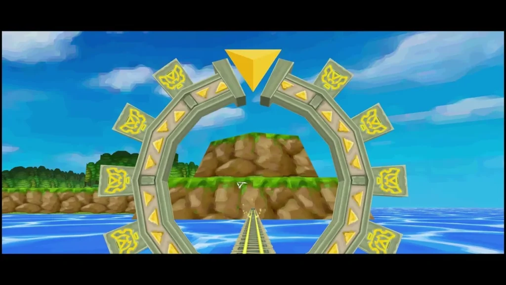 Spirit Train approaching a stone spacetime gate on the sea route Spirit Train approaching a stone spacetime gate on the sea route