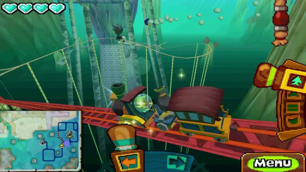 Spirit Train on a red track leading down beneath the sea toward a stone gate Spirit Train on a red track leading down beneath the sea toward a stone gate