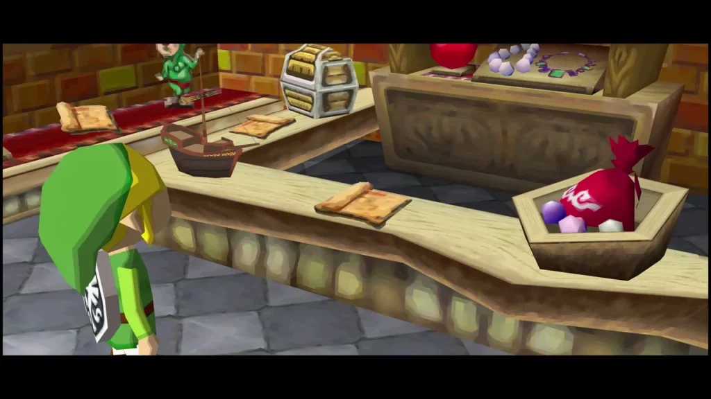 Link at the counter of the Trading Post, with treasure and goods laid out on the shelves Link at the counter of the Trading Post, with treasure and goods laid out on the shelves