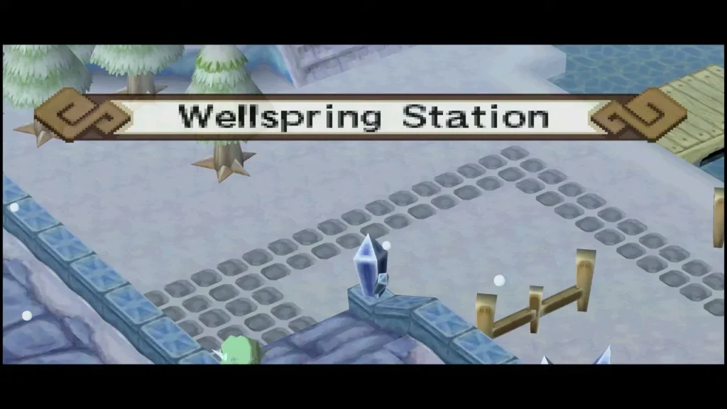 Wellspring Station title card above a crystal ice spring and stone paving Wellspring Station title card above a crystal ice spring and stone paving