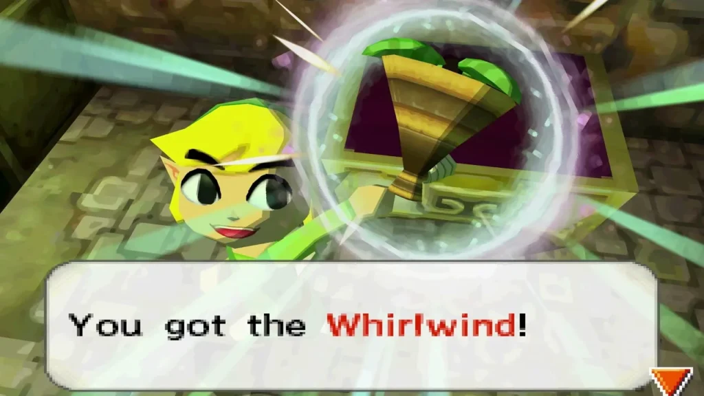 Link holding up the Whirlwind item in the Forest Temple after opening a chest Link holding up the Whirlwind item in the Forest Temple after opening a chest
