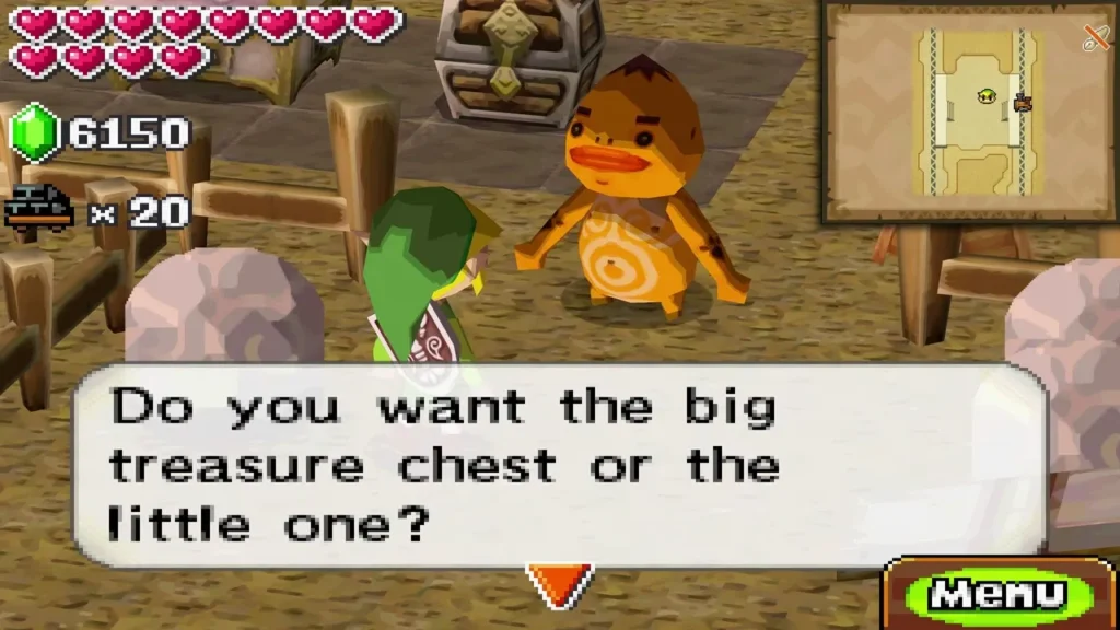 A Goron asks Link whether he wants the big treasure chest or the little one