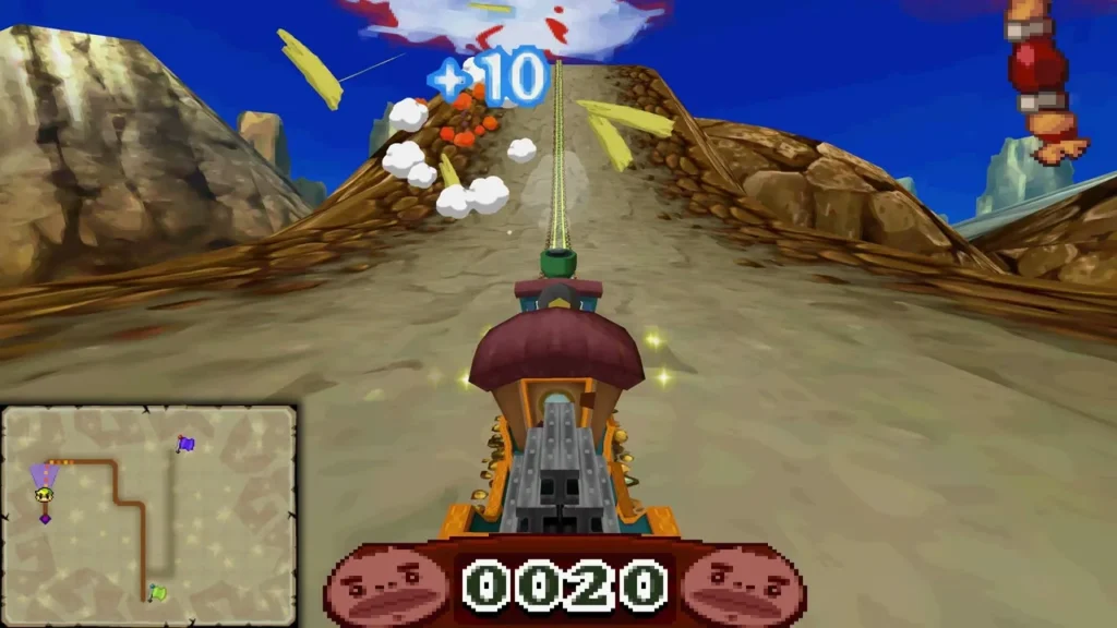 Link riding a mine train and shooting targets in the Goron Target Range