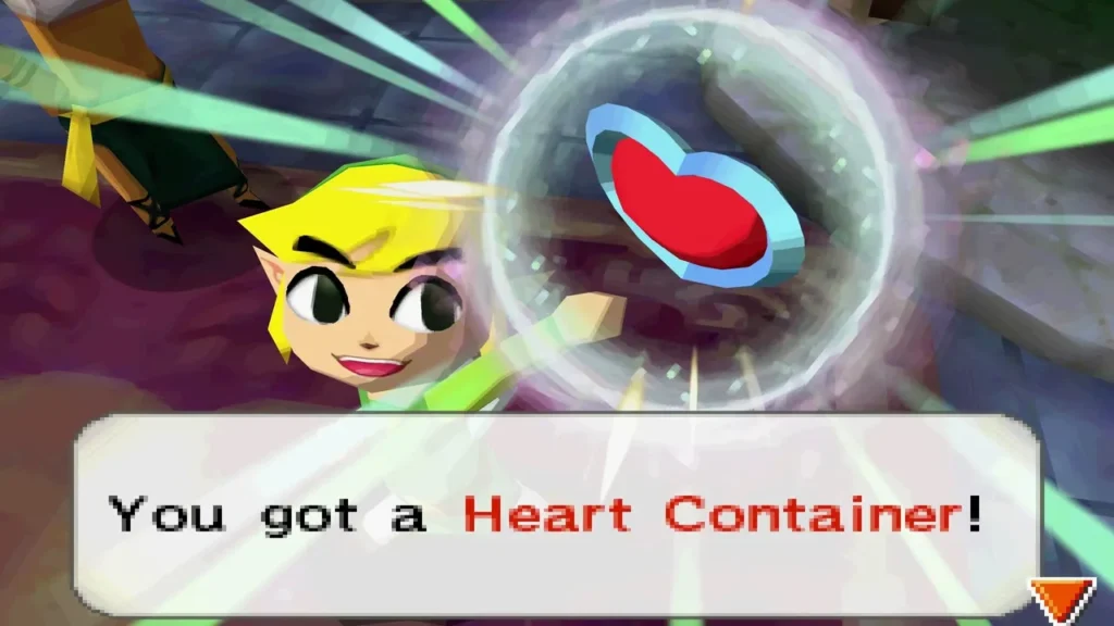 Link holding up a Heart Container won for clearing level one of Take 'Em All On