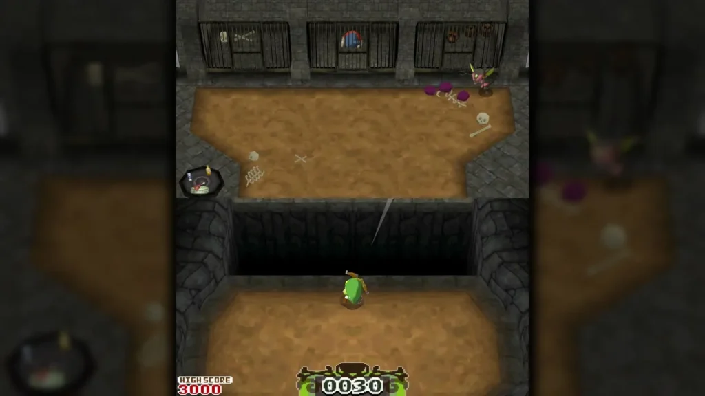 Link in the Pirate Hideout sand arena with caged prisoners along the back wall